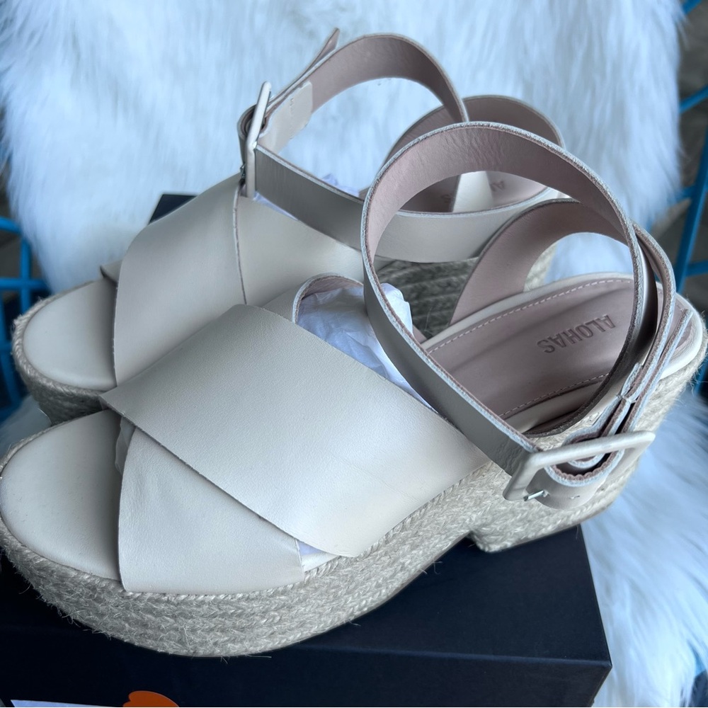 Alohas Lyla Cream Espadrille Platform Sandals Ankle Wrap Leather 9/40 $210 - Picture 8 of 11